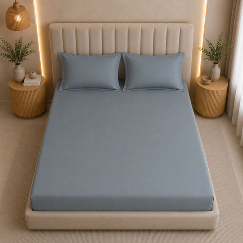 300TC Solid 100% Pure Cotton King Bedsheet Set (1 Bedsheet, 2 Pillow Covers), Steel Blue