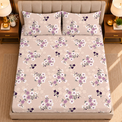 Lavender Charm 100% Cotton King Size Bedsheet Set (1 Bedsheet & 2 Pillow Covers)