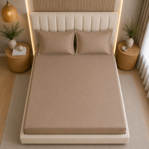 300TC Solid 100% Pure Cotton King Bedsheet Set (1 Bedsheet, 2 Pillow Covers), Mocha