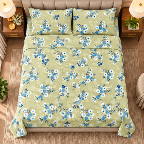 Jade Blossom 100% Cotton King Size Bedsheet Set (1 Bedsheet & 2 Pillow Covers)