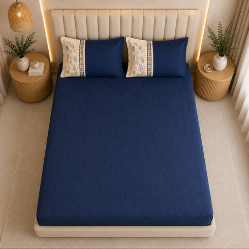 Italian Embroidery 3Pcs King Bedsheet Set (1 Bedsheet, 2 Pillow Covers), Blu Notte