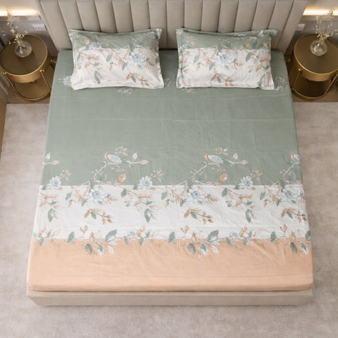 Night Bloom Sage Apricot Double Bedsheet Set (1 Bedsheet, 2 Pillow Covers)