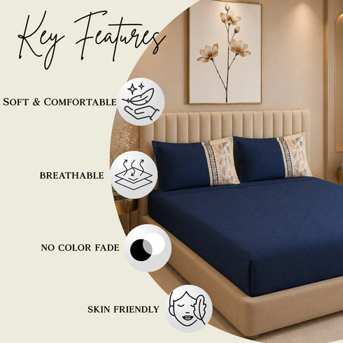 Italian Embroidery 3Pcs King Bedsheet Set (1 Bedsheet, 2 Pillow Covers), Blu Notte