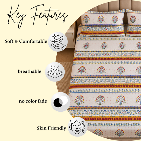Jaipuri Bloom 3Pcs Double Bedsheet Set (1 Bedsheet & 2 Pillow Covers)