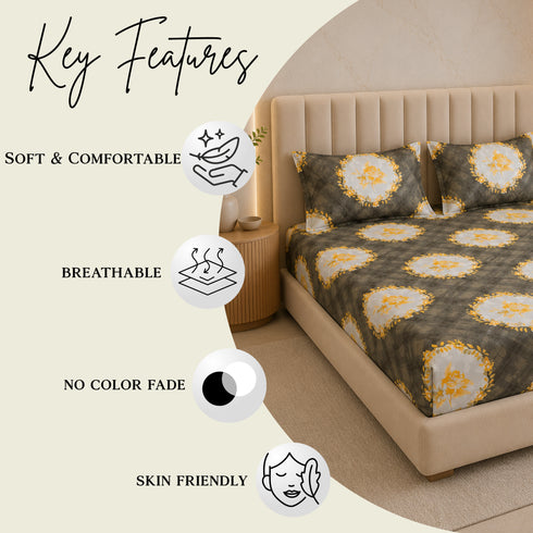Cloud Soft Golden Medallion King Size Bedsheet Set (1 Bedsheet, 2 Pillow Covers)