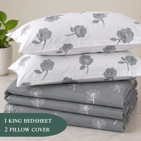 Ash Bloom King Size Bedsheet Set (1 Bedsheet, 2 Pillow Covers)