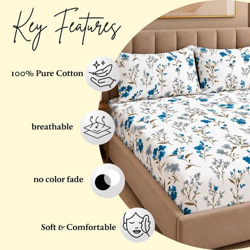 Blue Petal Muse 100% Cotton King Size Bedsheet Set (1 Bedsheet & 2 Pillow Covers)