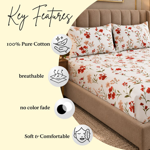 Poppy Bloom 100% Cotton King Size Bedsheet Set (1 Bedsheet & 2 Pillow Covers)