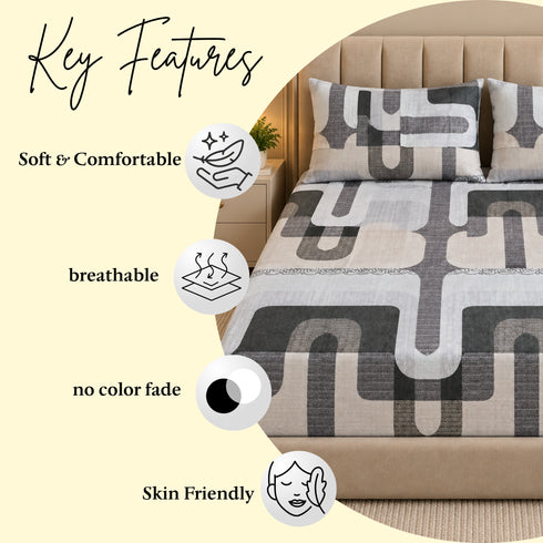 Graphite Grace 3Pcs Double Bedsheet Set (1 Bedsheet & 2 Pillow Covers)