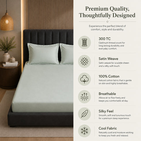 300TC Solid 100% Pure Cotton King Bedsheet Set (1 Bedsheet, 2 Pillow Covers), Olive