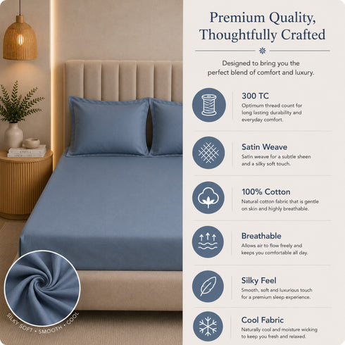300TC Solid 100% Pure Cotton King Bedsheet Set (1 Bedsheet, 2 Pillow Covers), Steel Blue