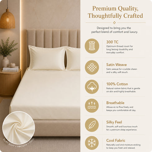 300TC Solid 100% Pure Cotton King Bedsheet Set (1 Bedsheet, 2 Pillow Covers), Ivory