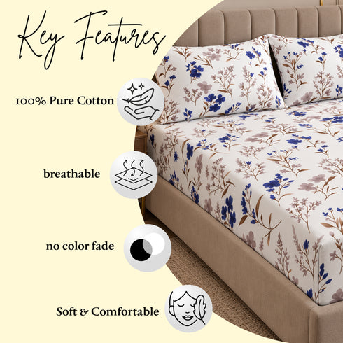 Porcelain Bloom 100% Cotton King Size Bedsheet Set (1 Bedsheet & 2 Pillow Covers)