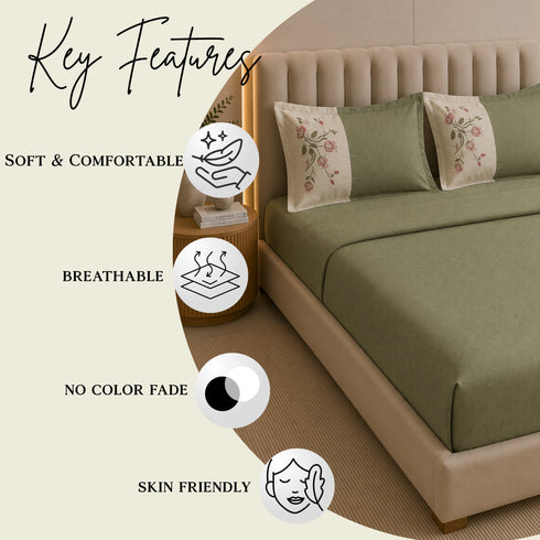 Italian Embroidery 3Pcs King Bedsheet Set (1 Bedsheet, 2 Pillow Covers), Verde Salvia
