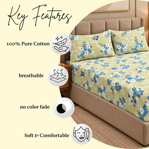 Jade Blossom 100% Cotton King Size Bedsheet Set (1 Bedsheet & 2 Pillow Covers)