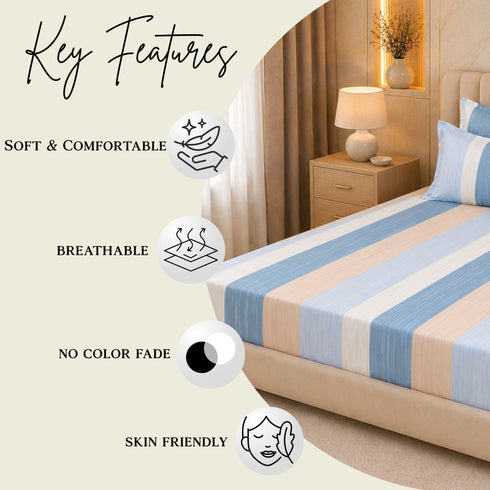 Cloud Soft Breeze Stripe King Size Bedsheet Set (1 Bedsheet, 2 Pillow Covers)
