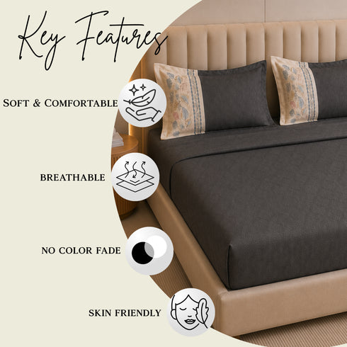 Italian Embroidery 3Pcs King Bedsheet Set (1 Bedsheet, 2 Pillow Covers), Grigio