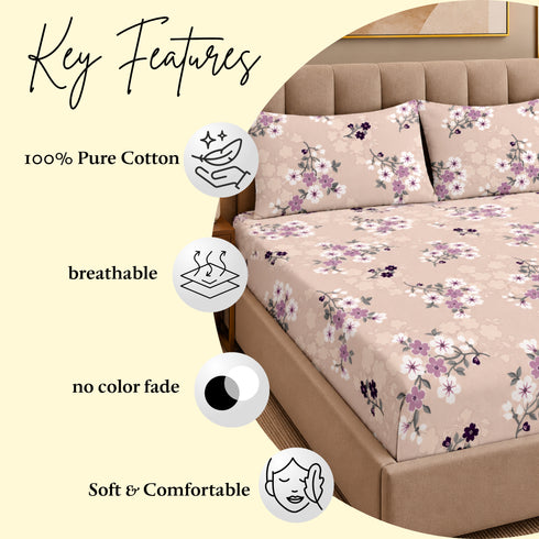 Lavender Charm 100% Cotton King Size Bedsheet Set (1 Bedsheet & 2 Pillow Covers)
