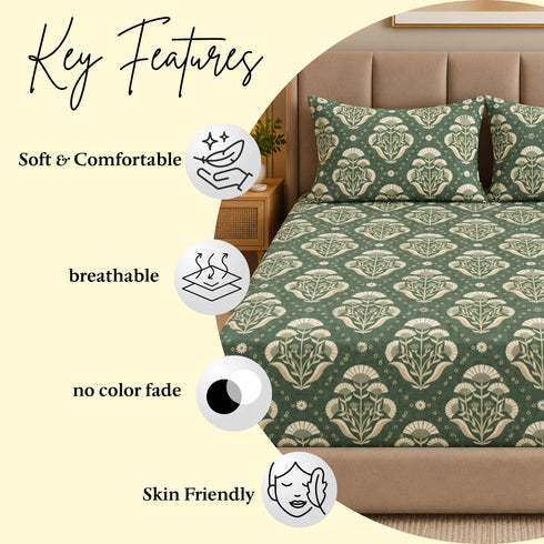 Maharani Green 3Pcs Double Bedsheet Set (1 Bedsheet & 2 Pillow Covers)