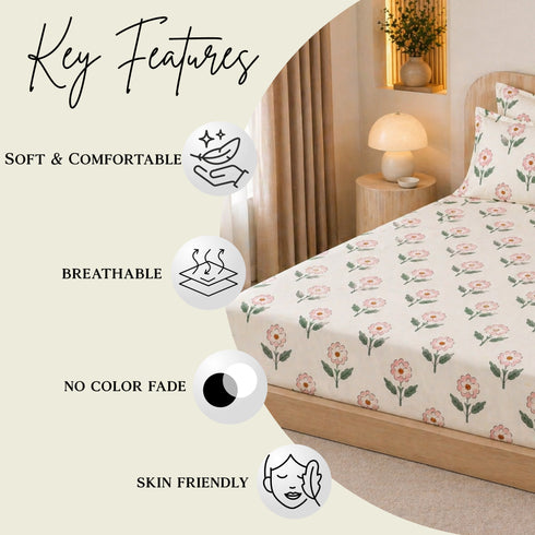 Cloud Soft Rosette Meadow Floral King Size Bedsheet Set (1 Bedsheet, 2 Pillow Covers)