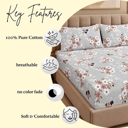 Mauve Garden 100% Cotton King Size Bedsheet Set (1 Bedsheet & 2 Pillow Covers)