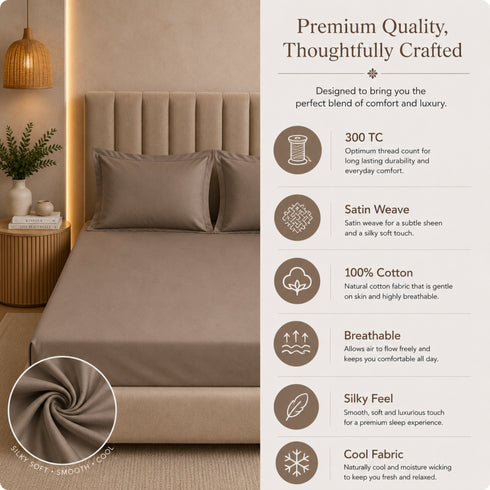300TC Solid 100% Pure Cotton King Bedsheet Set (1 Bedsheet, 2 Pillow Covers), Mocha