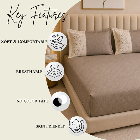 Italian Embroidery 3Pcs King Bedsheet Set (1 Bedsheet, 2 Pillow Covers), Tortora