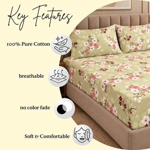 Sage Rosette 100% Cotton King Size Bedsheet Set (1 Bedsheet & 2 Pillow Covers)