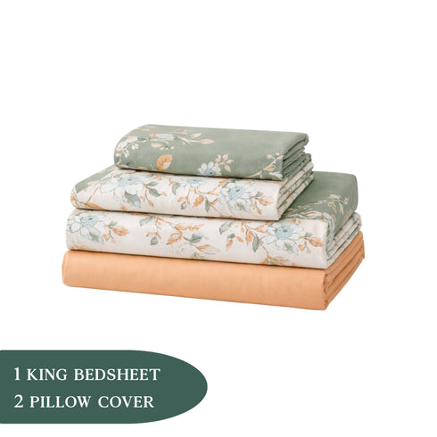 Night Bloom Sage Apricot Double Bedsheet Set (1 Bedsheet, 2 Pillow Covers)
