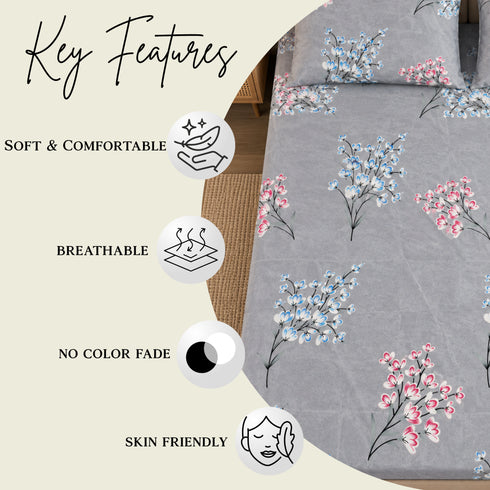 Silver Petals 3Pcs Double Bedsheet Set (1 Bedsheet & 2 Pillow Covers)