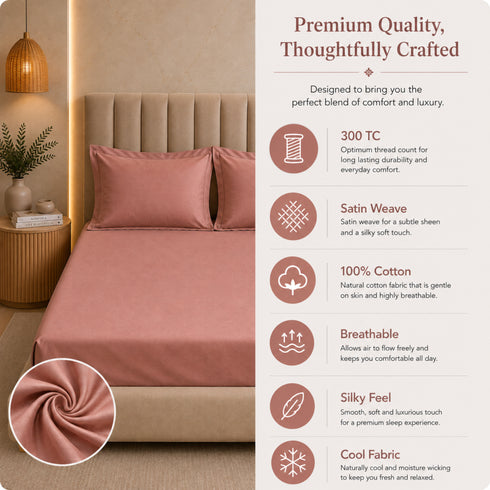 300TC Solid 100% Pure Cotton King Bedsheet Set (1 Bedsheet, 2 Pillow Covers), Dusty Rose