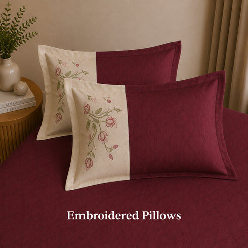 Italian Embroidery 3Pcs King Bedsheet Set (1 Bedsheet, 2 Pillow Covers), Bordeaux
