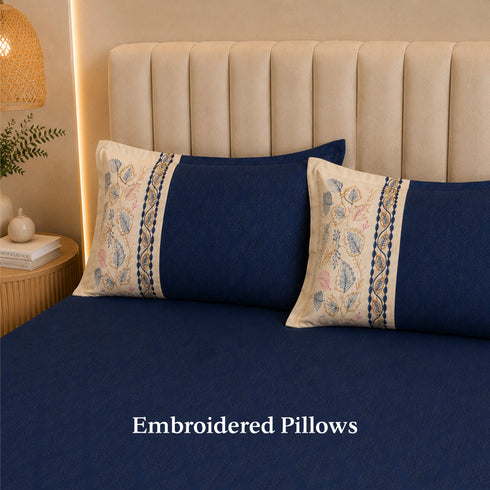 Italian Embroidery 3Pcs King Bedsheet Set (1 Bedsheet, 2 Pillow Covers), Blu Notte