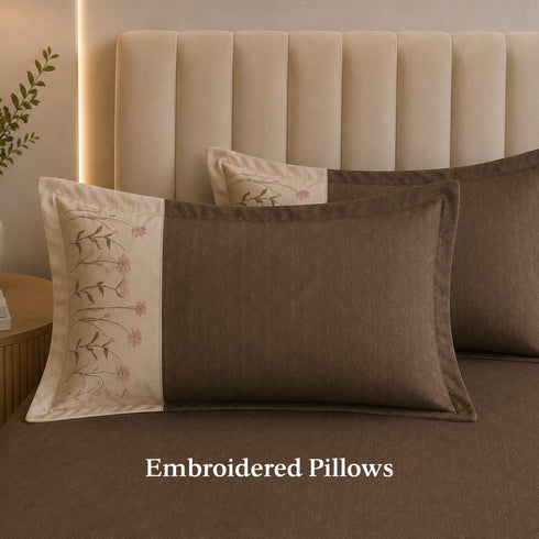 Italian Embroidery 3Pcs King Bedsheet Set (1 Bedsheet, 2 Pillow Covers), Moka