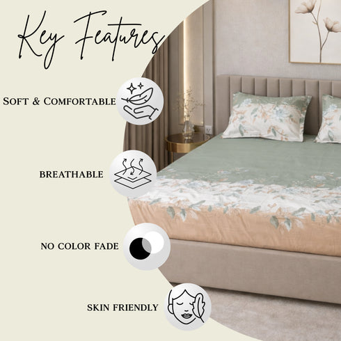 Night Bloom Sage Apricot Double Bedsheet Set (1 Bedsheet, 2 Pillow Covers)