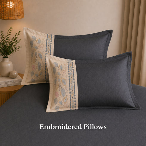 Italian Embroidery 3Pcs King Bedsheet Set (1 Bedsheet, 2 Pillow Covers), Grigio