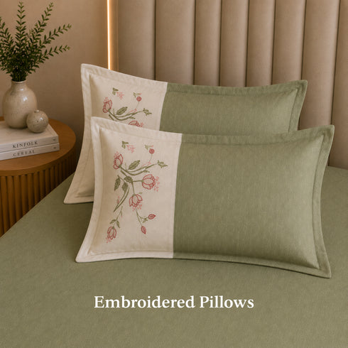 Italian Embroidery 3Pcs King Bedsheet Set (1 Bedsheet, 2 Pillow Covers), Verde Salvia