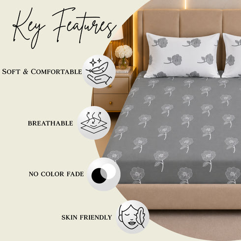 Ash Bloom King Size Bedsheet Set (1 Bedsheet, 2 Pillow Covers)