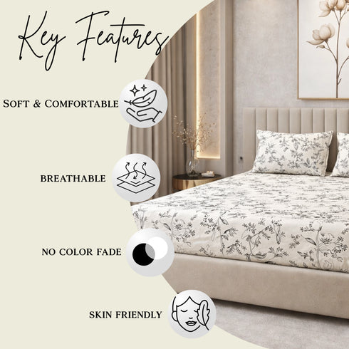 Ivory Botanica Double Bedsheet Set (1 Bedsheet, 2 Pillow Covers)