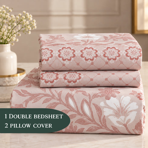 Blush Heritage 3Pcs Double Bedsheet Set (1 Bedsheet & 2 Pillow Covers)