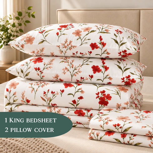 Poppy Bloom 100% Cotton King Size Bedsheet Set (1 Bedsheet & 2 Pillow Covers)