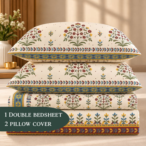 Jaipuri Bloom 3Pcs Double Bedsheet Set (1 Bedsheet & 2 Pillow Covers)