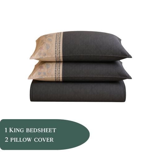 Italian Embroidery 3Pcs King Bedsheet Set (1 Bedsheet, 2 Pillow Covers), Grigio