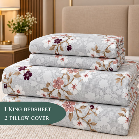 Mauve Garden 100% Cotton King Size Bedsheet Set (1 Bedsheet & 2 Pillow Covers)