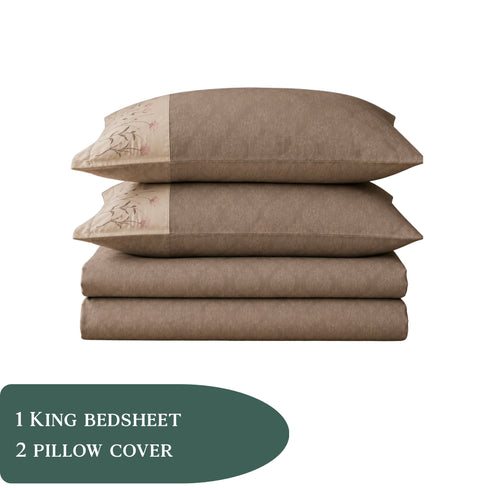 Italian Embroidery 3Pcs King Bedsheet Set (1 Bedsheet, 2 Pillow Covers), Tortora