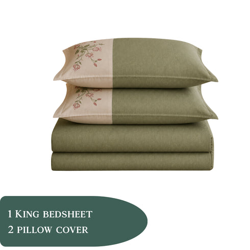 Italian Embroidery 3Pcs King Bedsheet Set (1 Bedsheet, 2 Pillow Covers), Verde Salvia