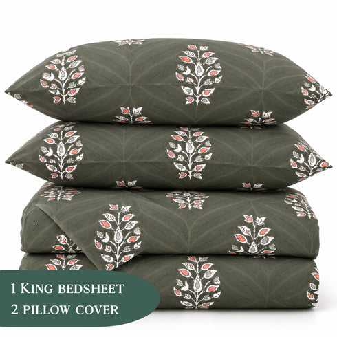 Emerald Botanica 100% Cotton King Size Bedsheet Set (1 Bedsheet & 2 Pillow Covers)