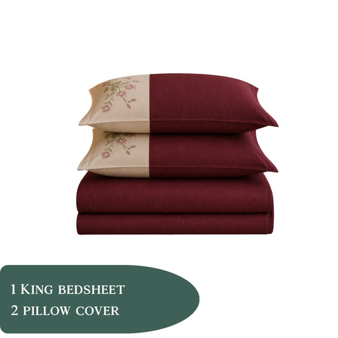 Italian Embroidery 3Pcs King Bedsheet Set (1 Bedsheet, 2 Pillow Covers), Bordeaux
