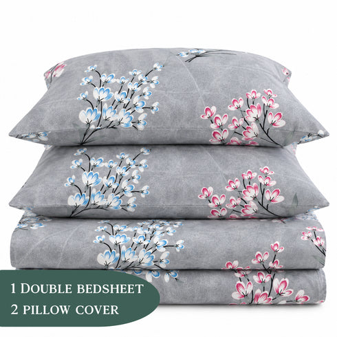 Silver Petals 3Pcs Double Bedsheet Set (1 Bedsheet & 2 Pillow Covers)