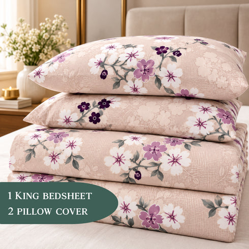 Lavender Charm 100% Cotton King Size Bedsheet Set (1 Bedsheet & 2 Pillow Covers)